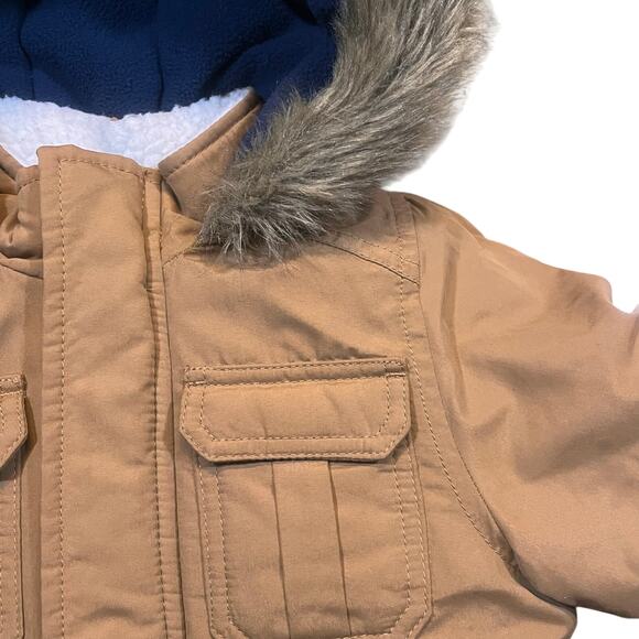Carters Boy 2T Medium Weight Parka Brown Pocket Hooded fur Jacket Winter Cozy - Picture 1 of 7